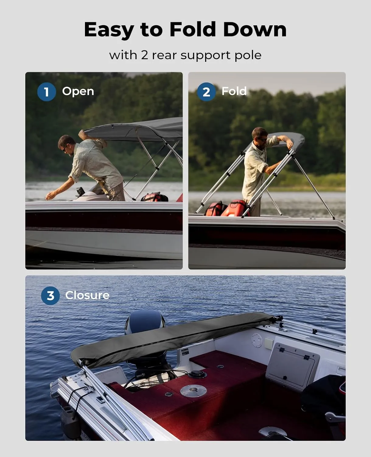 KEMIMOTO Bimini Top for Boat, Bimini Tops Cover 600D Marine Grade Canvas Boat Canopy with 6ft Length 54 in - 96 in Width 46 in Height, Includes Mounting Hardware, Straps Rear Support Poles