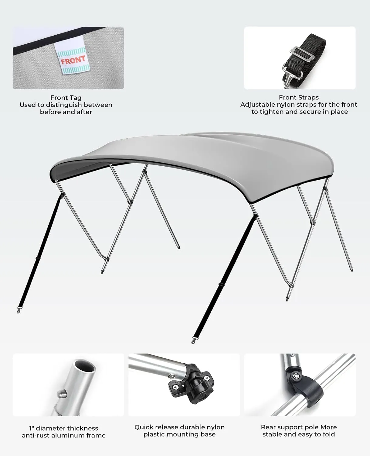 KEMIMOTO Bimini Top for Boat, Bimini Tops Cover 600D Marine Grade Canvas Boat Canopy with 6ft Length 54 in - 96 in Width 46 in Height, Includes Mounting Hardware, Straps Rear Support Poles