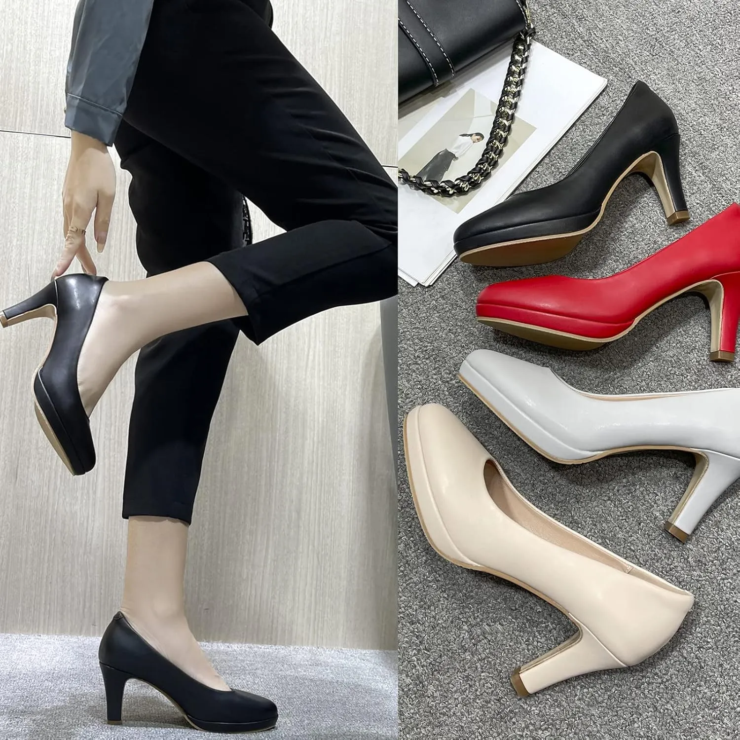 kkdom Women's Classic Leather Round Toe Bridal Wedding Party Platform Low Heel Dress Pump Shoes