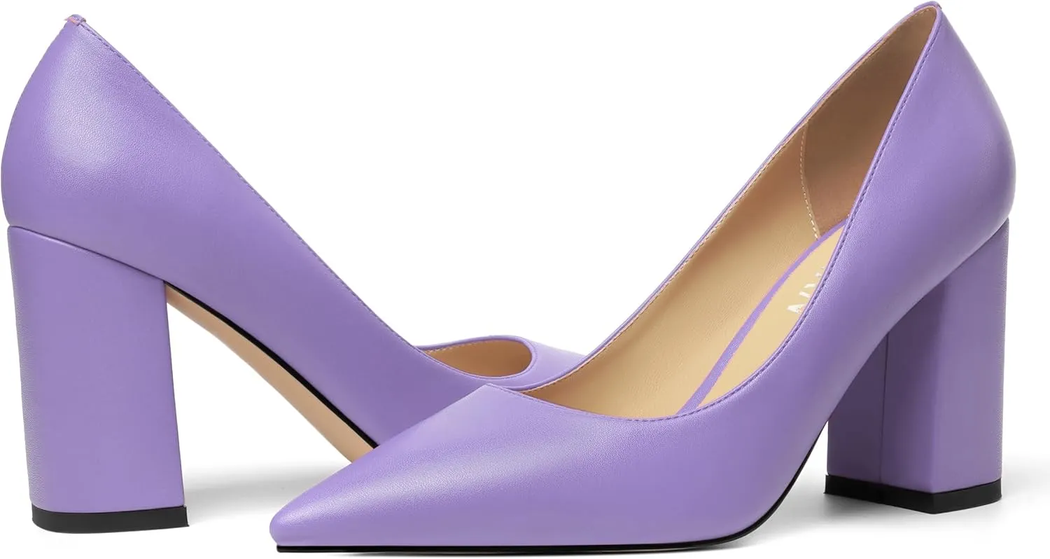 KUOARN Womens Office Formal Pointed Toe Solid Matte Slip On Block High Heel Pumps Shoes 3.3 Inch