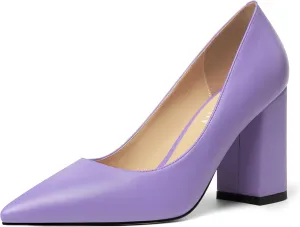 KUOARN Womens Office Formal Pointed Toe Solid Matte Slip On Block High Heel Pumps Shoes 3.3 Inch
