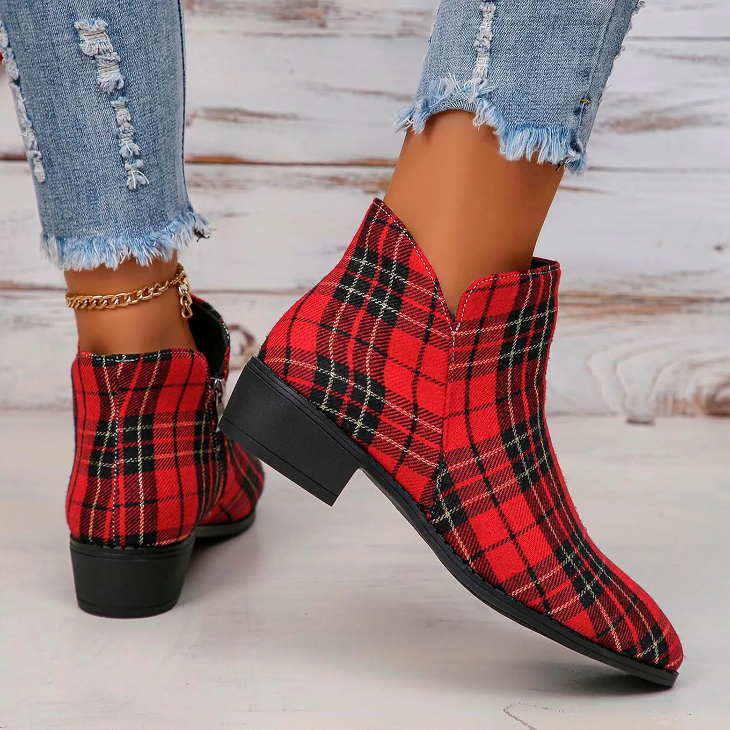 Ladies Fashion Christmas Plaid Pointed Side Zipper Thick Heel Ankle Boots Platform Boots Women Dressy