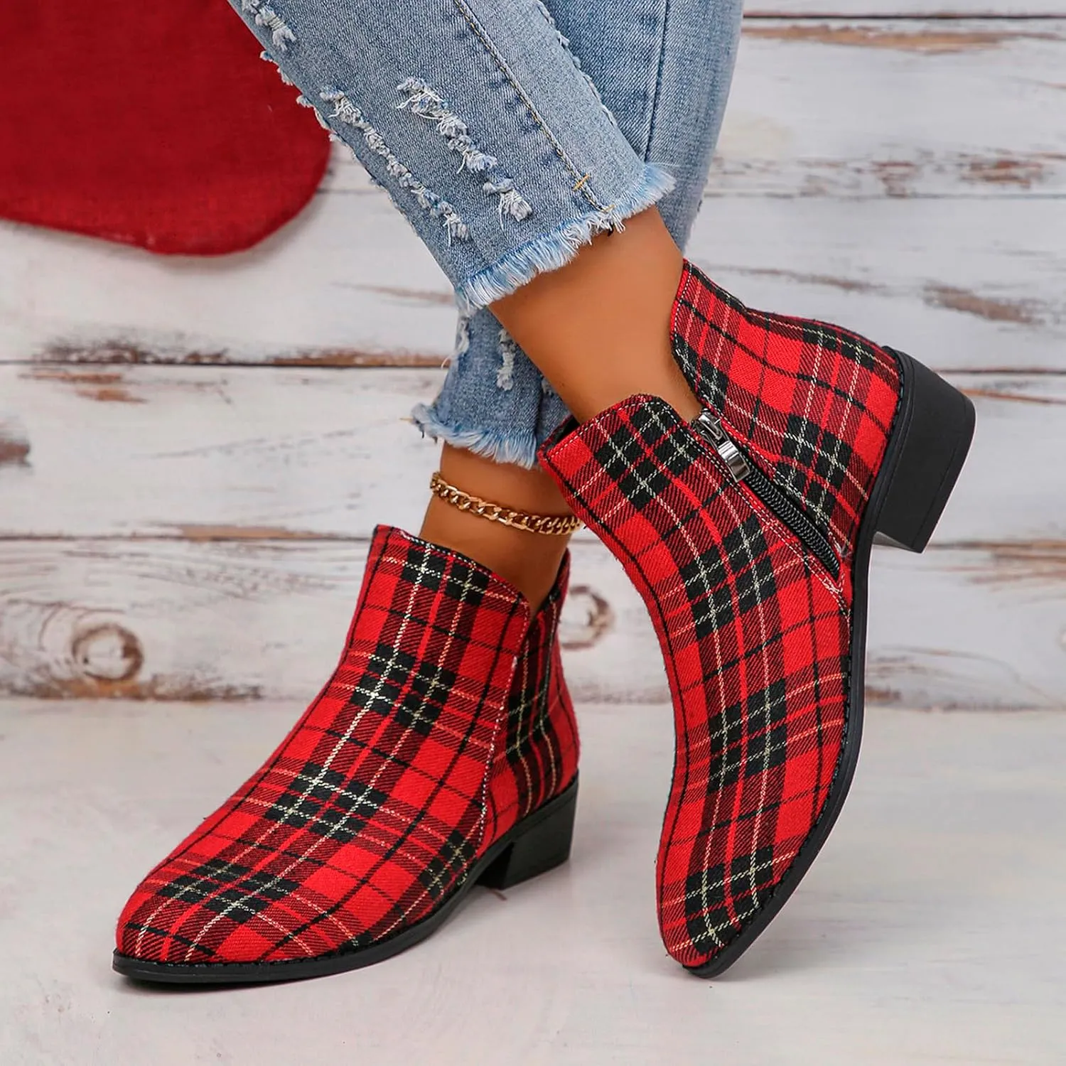 Ladies Fashion Christmas Plaid Pointed Side Zipper Thick Heel Ankle Boots Platform Boots Women Dressy