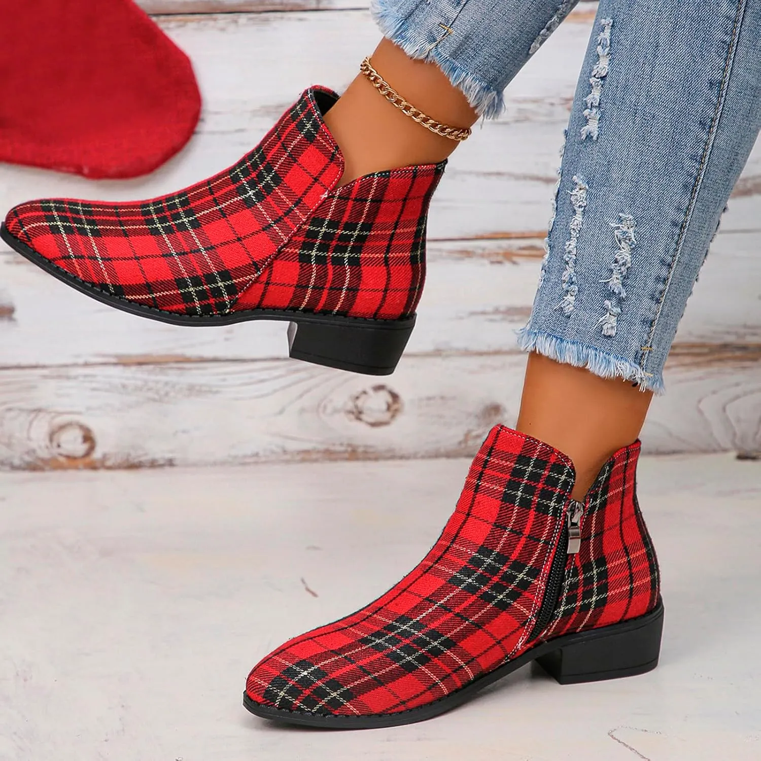 Ladies Fashion Christmas Plaid Pointed Side Zipper Thick Heel Ankle Boots Platform Boots Women Dressy
