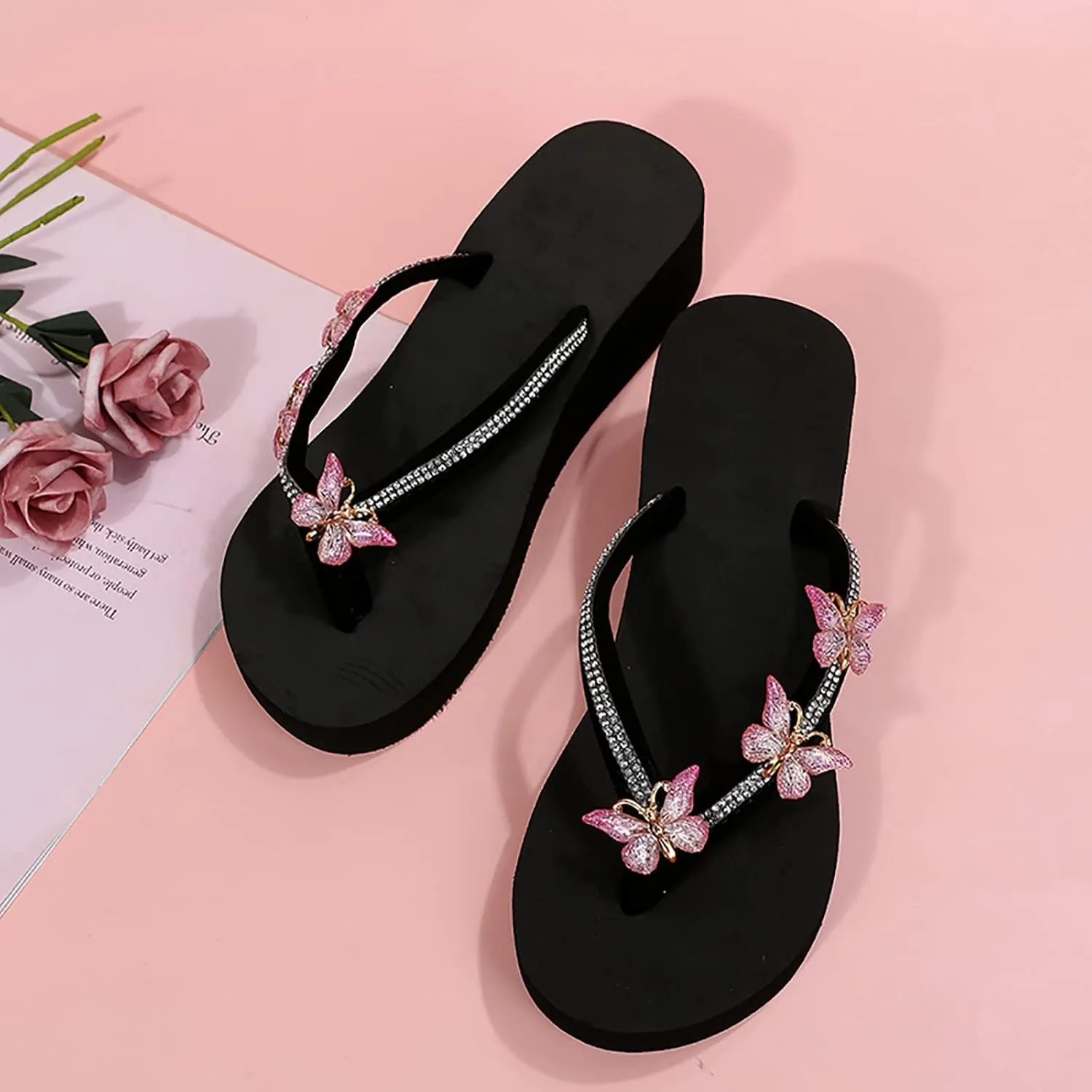Ladies Fashion Summer Flip Flops Casual Rhinestone Butterfly Sandals Natural Womens Boot Slippers with Rubber Soles