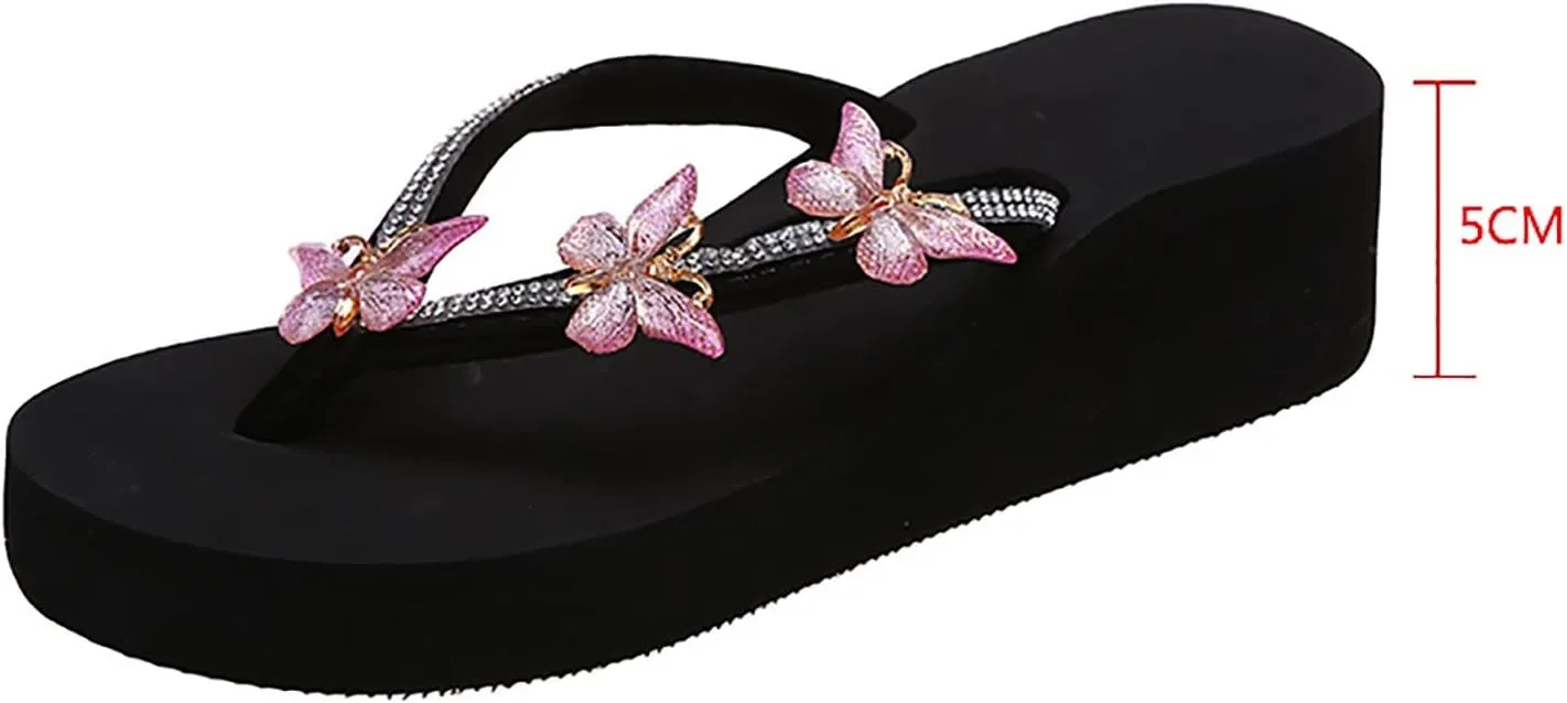 Ladies Fashion Summer Flip Flops Casual Rhinestone Butterfly Sandals Natural Womens Boot Slippers with Rubber Soles
