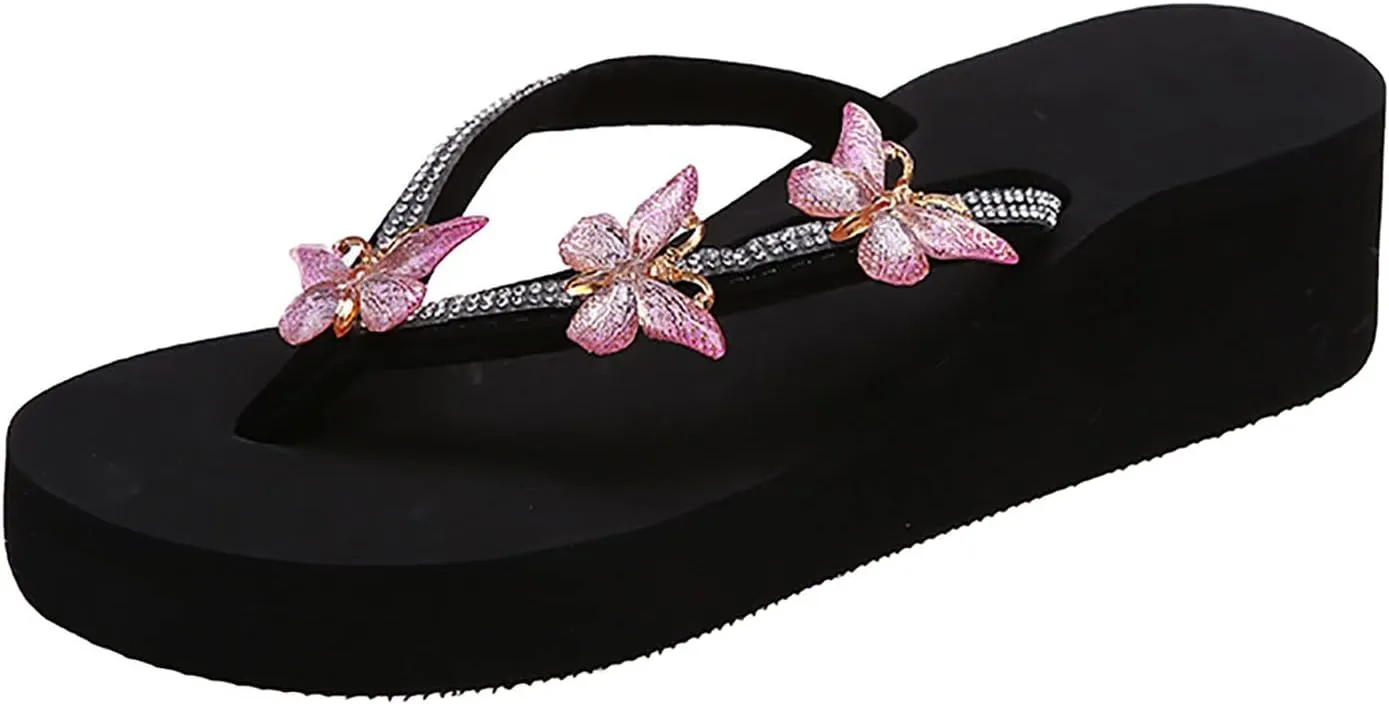 Ladies Fashion Summer Flip Flops Casual Rhinestone Butterfly Sandals Natural Womens Boot Slippers with Rubber Soles