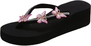 Ladies Fashion Summer Flip Flops Casual Rhinestone Butterfly Sandals Natural Womens Boot Slippers with Rubber Soles