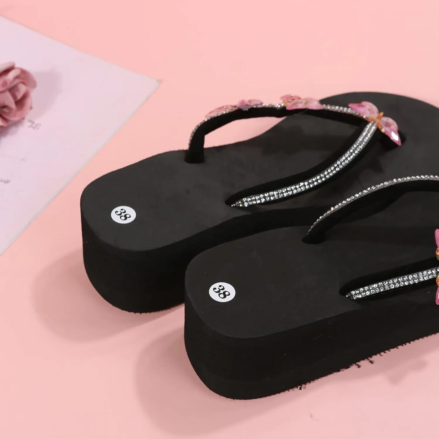 Ladies Fashion Summer Flip Flops Casual Rhinestone Butterfly Sandals Natural Womens Boot Slippers with Rubber Soles