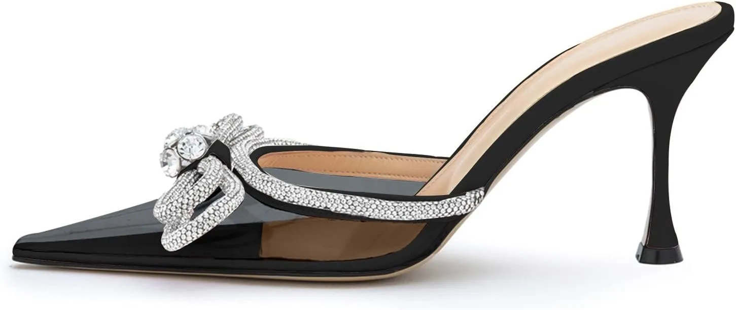 LauraVicci Women High Heeled Clear Mules Double Bow Heels Rhinestone Embellished Crystal Pointy Toe Sandals Stiletto Shoes Summer Bridal Shoes Black Size 11