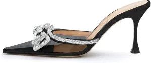 LauraVicci Women High Heeled Clear Mules Double Bow Heels Rhinestone Embellished Crystal Pointy Toe Sandals Stiletto Shoes Summer Bridal Shoes Black Size 11