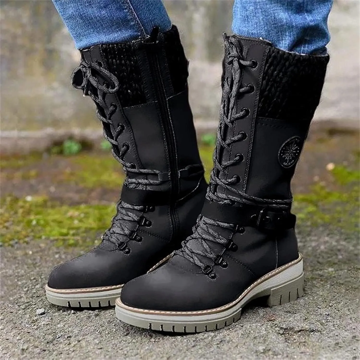Lausiuoe Boots For Women Low Heel Mid Calf Pull On Winter Boots Side Zip Slouchy Western Cowboy Booties Non Slip Outdoor Shoes
