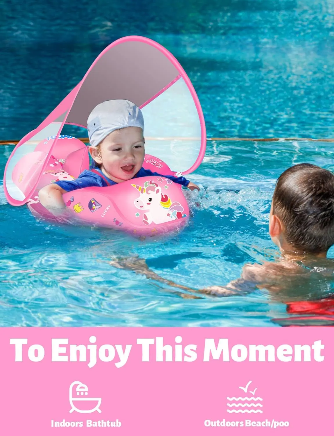 LAYCOL Baby Swimming Float Inflatable Baby Pool Float Ring with Sun Protection Canopy,add Tail no flip Over for Age of 3-36 Months