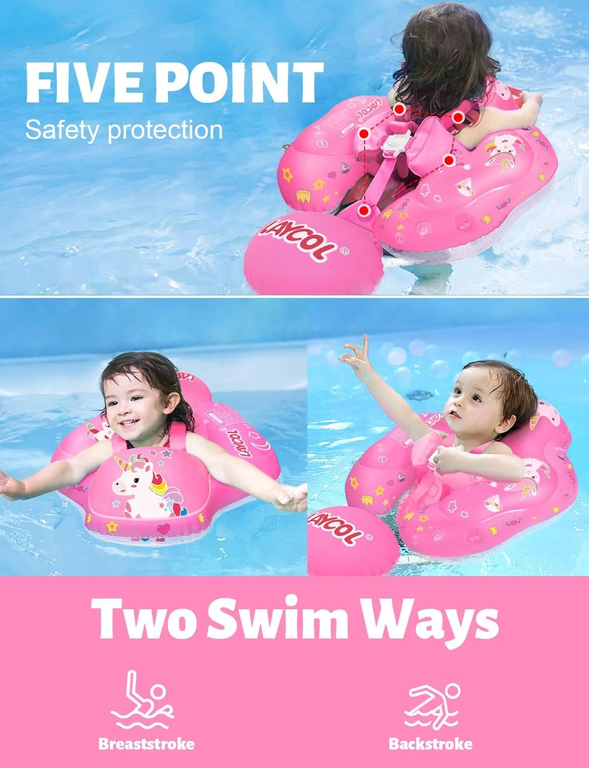 LAYCOL Baby Swimming Float Inflatable Baby Pool Float Ring with Sun Protection Canopy,add Tail no flip Over for Age of 3-36 Months