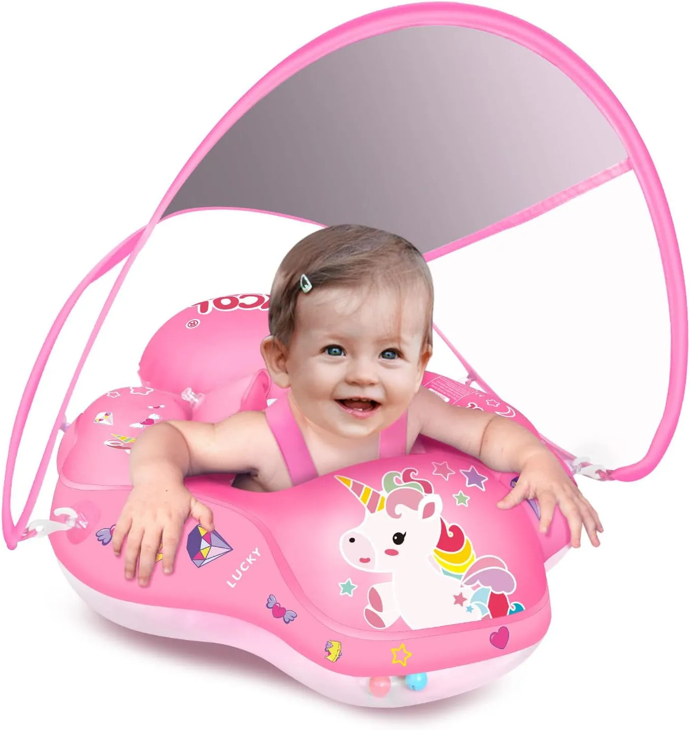 LAYCOL Baby Swimming Float Inflatable Baby Pool Float Ring with Sun Protection Canopy,add Tail no flip Over for Age of 3-36 Months