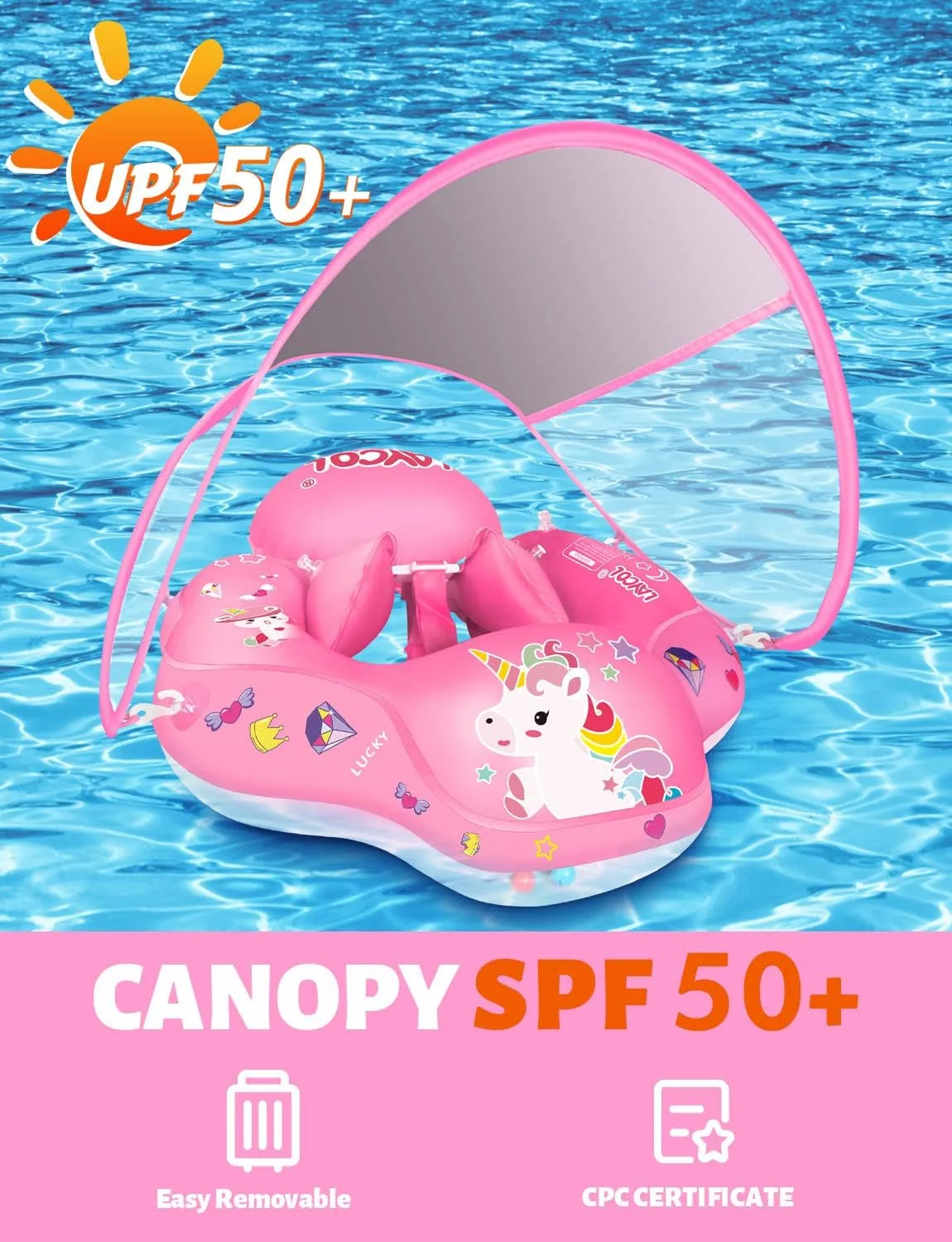 LAYCOL Baby Swimming Float Inflatable Baby Pool Float Ring with Sun Protection Canopy,add Tail no flip Over for Age of 3-36 Months
