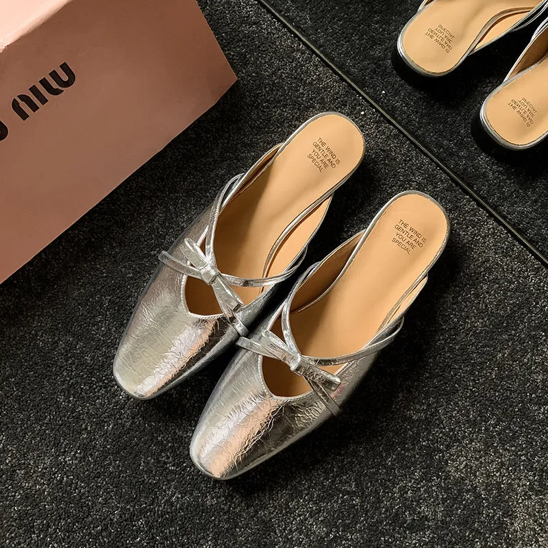 Leather Low-Heeled Mule with Bow-Detail