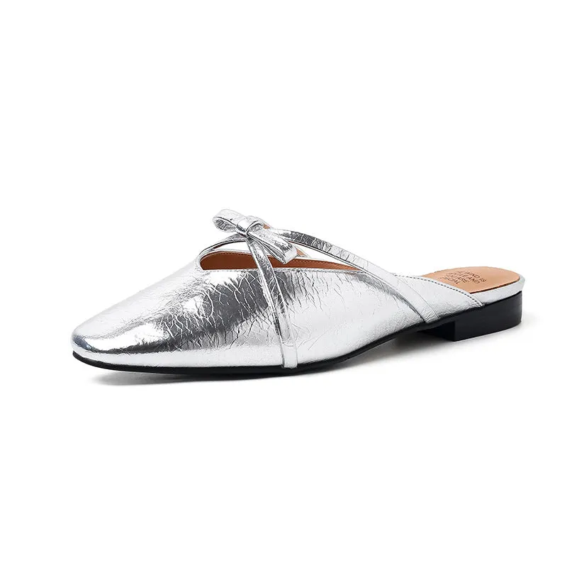 Leather Low-Heeled Mule with Bow-Detail