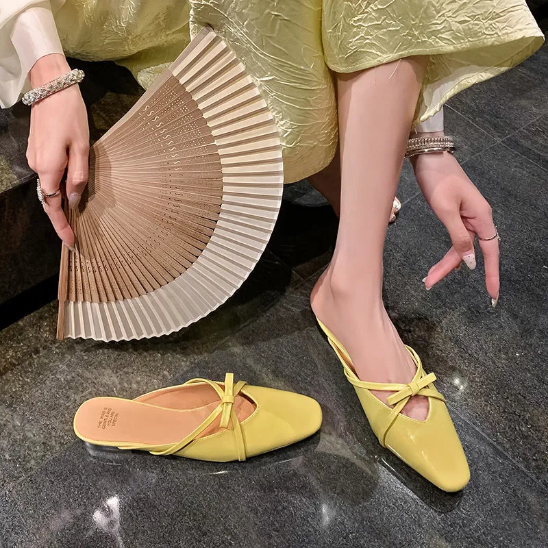 Leather Low-Heeled Mule with Bow-Detail