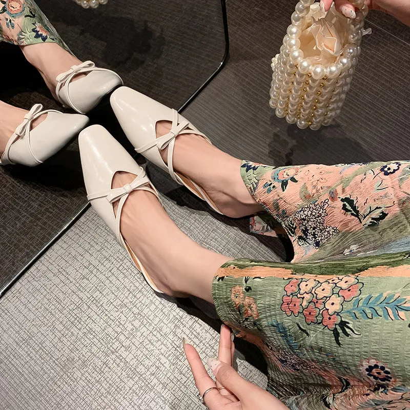 Leather Low-Heeled Mule with Bow-Detail