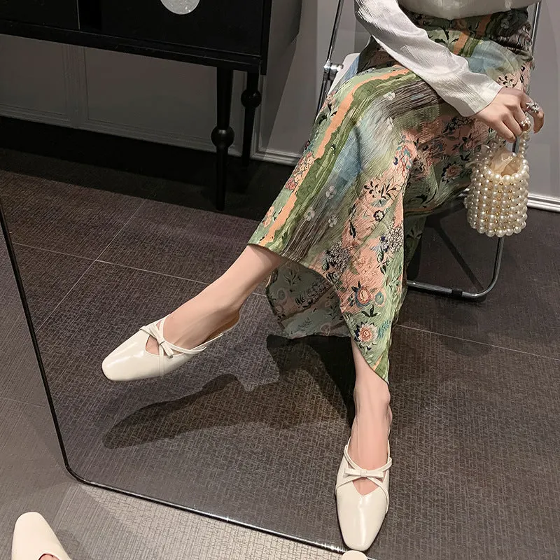 Leather Low-Heeled Mule with Bow-Detail