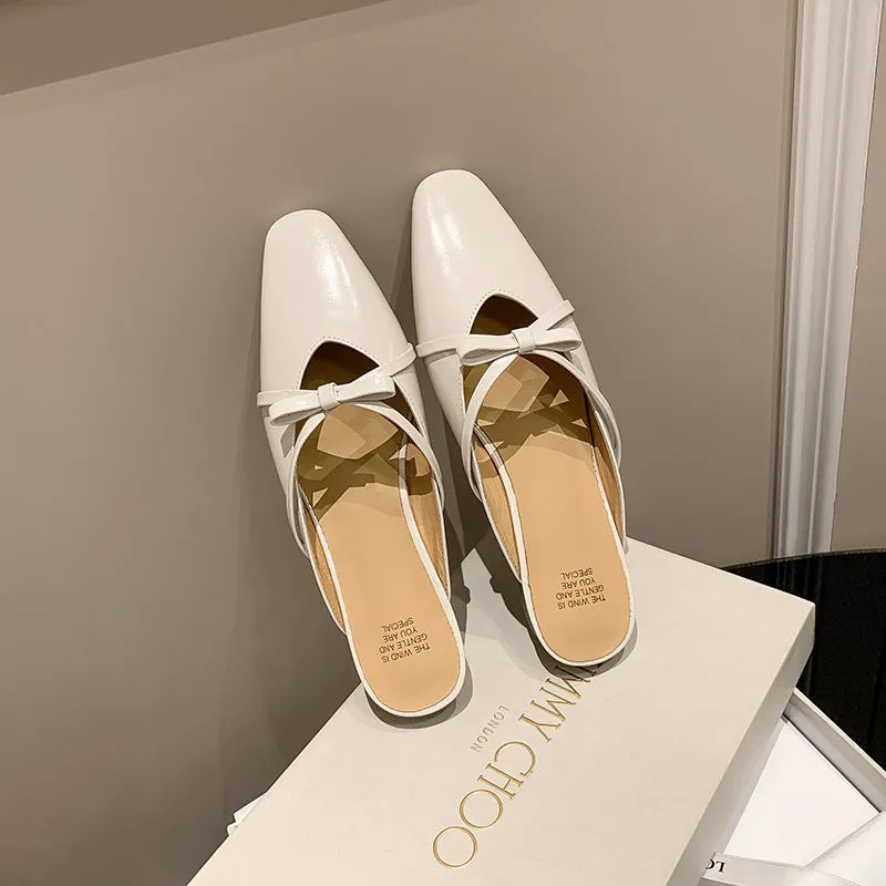 Leather Low-Heeled Mule with Bow-Detail