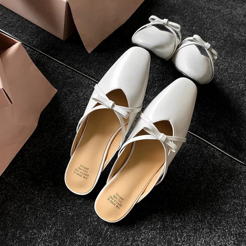 Leather Low-Heeled Mule with Bow-Detail