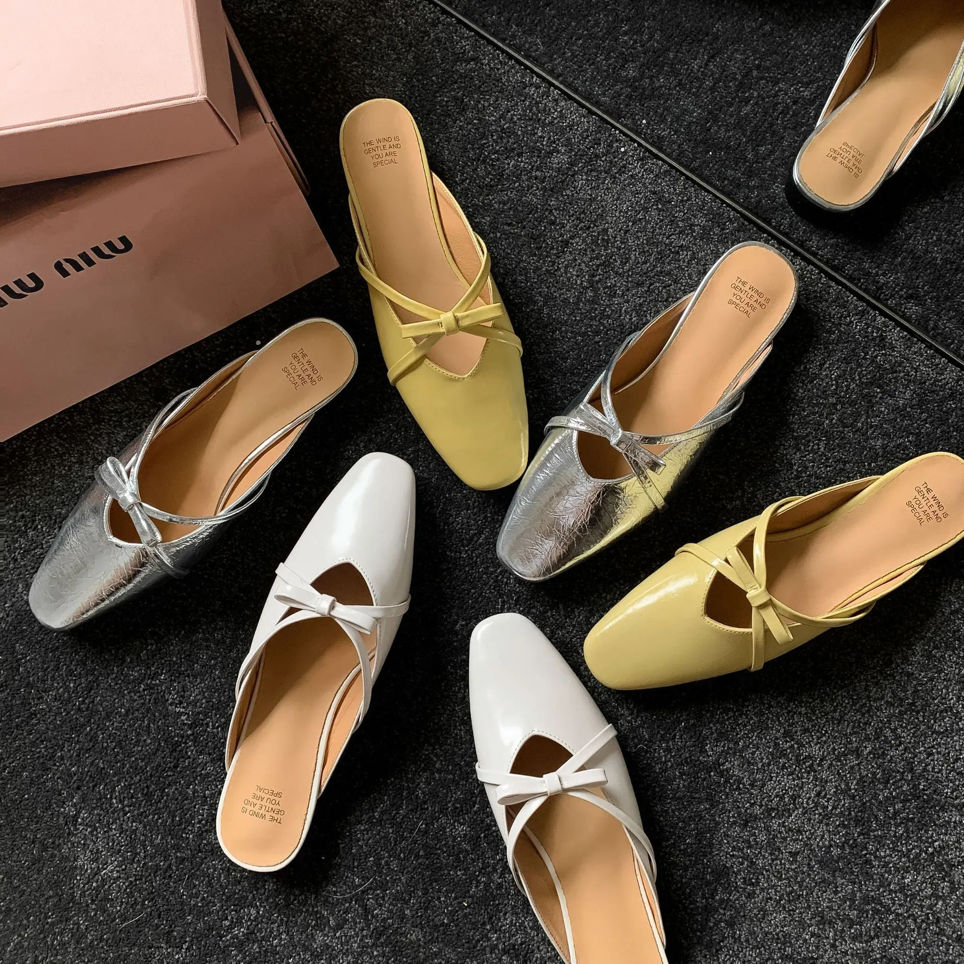 Leather Low-Heeled Mule with Bow-Detail