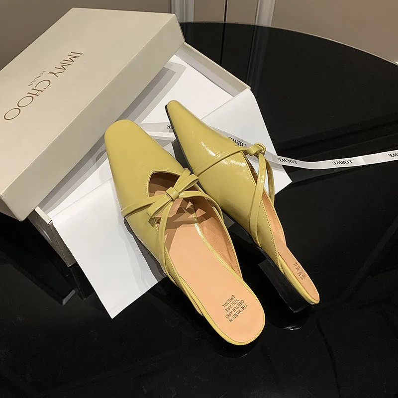 Leather Low-Heeled Mule with Bow-Detail