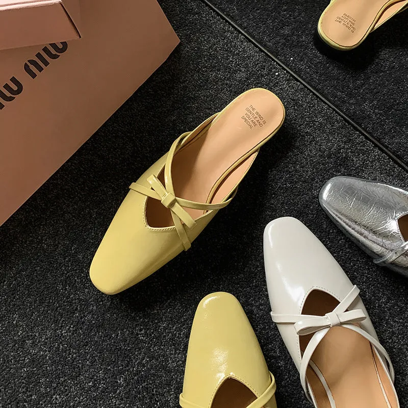 Leather Low-Heeled Mule with Bow-Detail