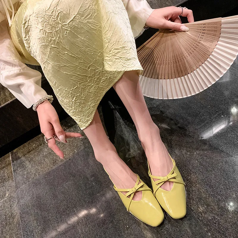 Leather Low-Heeled Mule with Bow-Detail