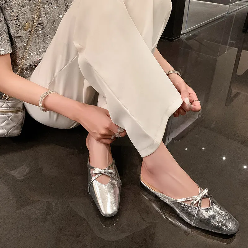 Leather Low-Heeled Mule with Bow-Detail