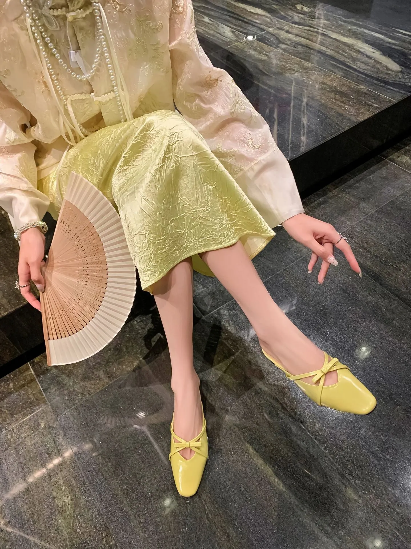 Leather Low-Heeled Mule with Bow-Detail