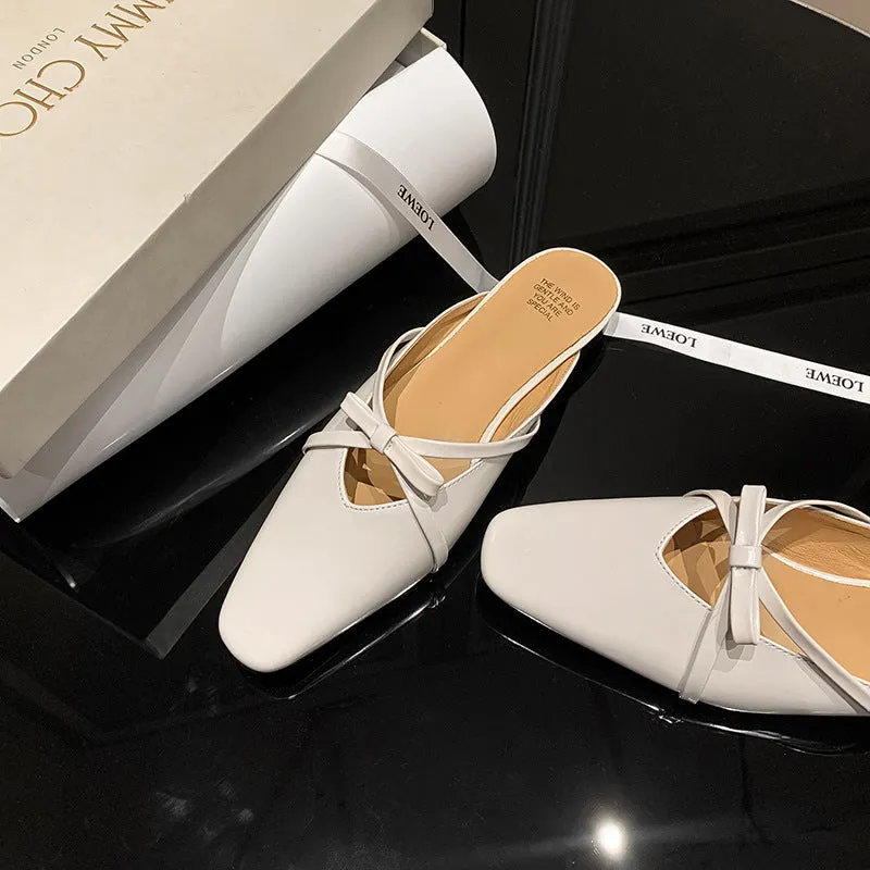 Leather Low-Heeled Mule with Bow-Detail
