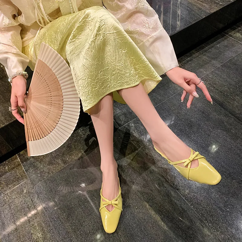 Leather Low-Heeled Mule with Bow-Detail
