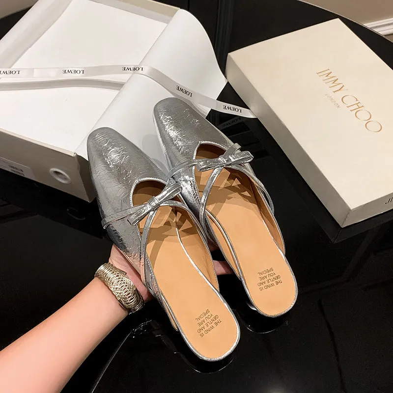 Leather Low-Heeled Mule with Bow-Detail