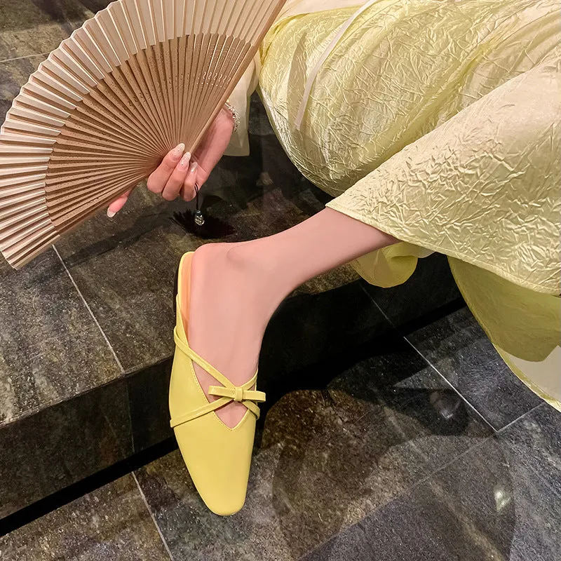 Leather Low-Heeled Mule with Bow-Detail