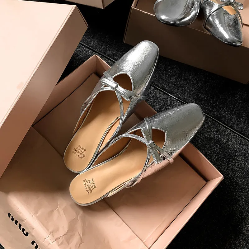 Leather Low-Heeled Mule with Bow-Detail