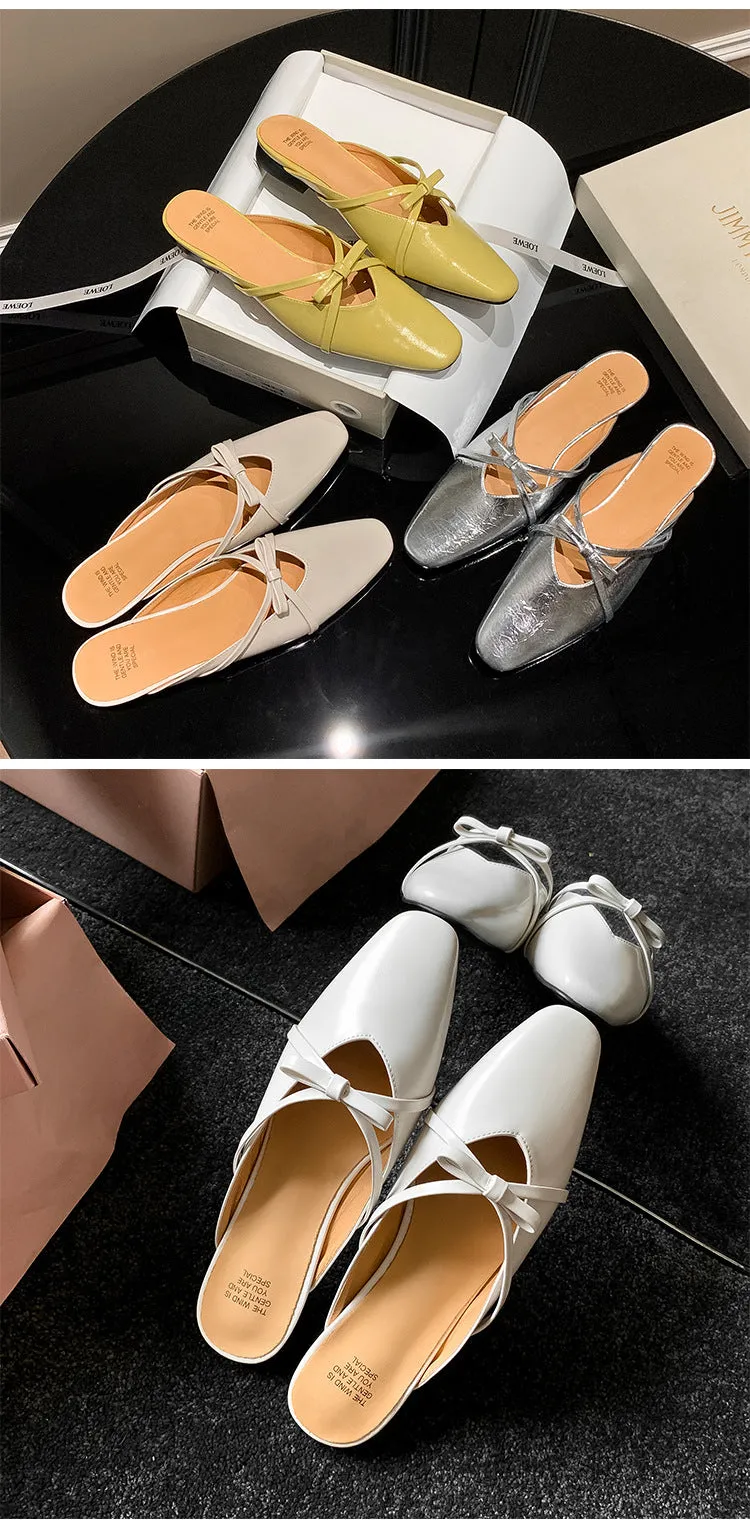 Leather Low-Heeled Mule with Bow-Detail