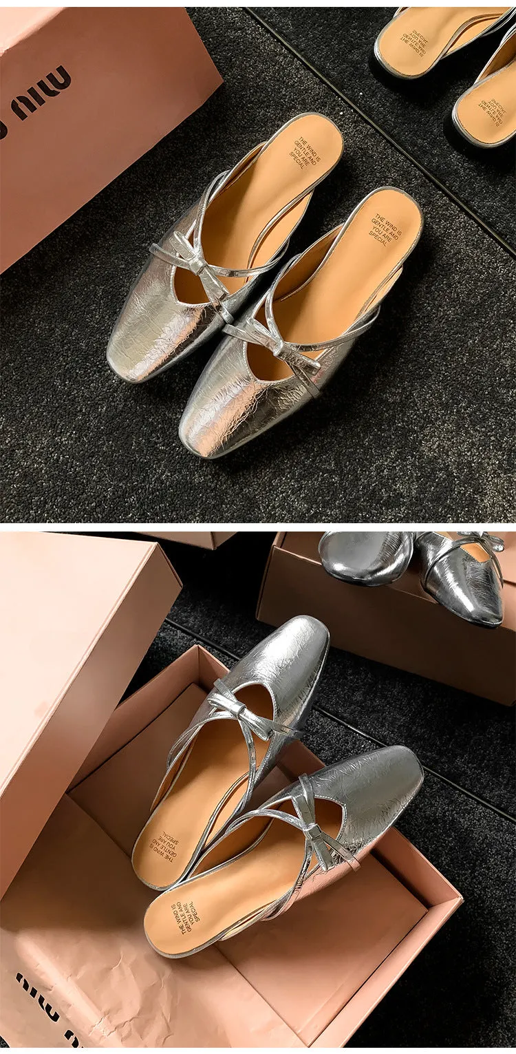 Leather Low-Heeled Mule with Bow-Detail