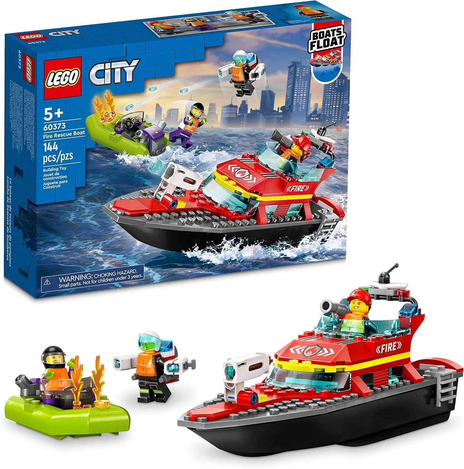 LEGO City Fire Rescue Boat 60373, Toy Floats on Water, with Jetpack, Dinghy and 3 Minifigures, Everyday Hero Toys for Kids, Boys and Girls Ages 5 