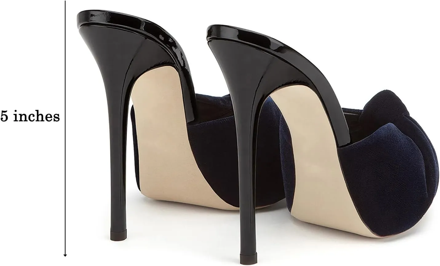 LEHOOR Women Stiletto Heel Mules Platform Bow Round Open Toe Slip On Mule Sandals Velvet Cute 5 Inch Thin High Heels Peep Toe Stilettos Backless Sandal Heels Dress Evening Party 5-12 M US
