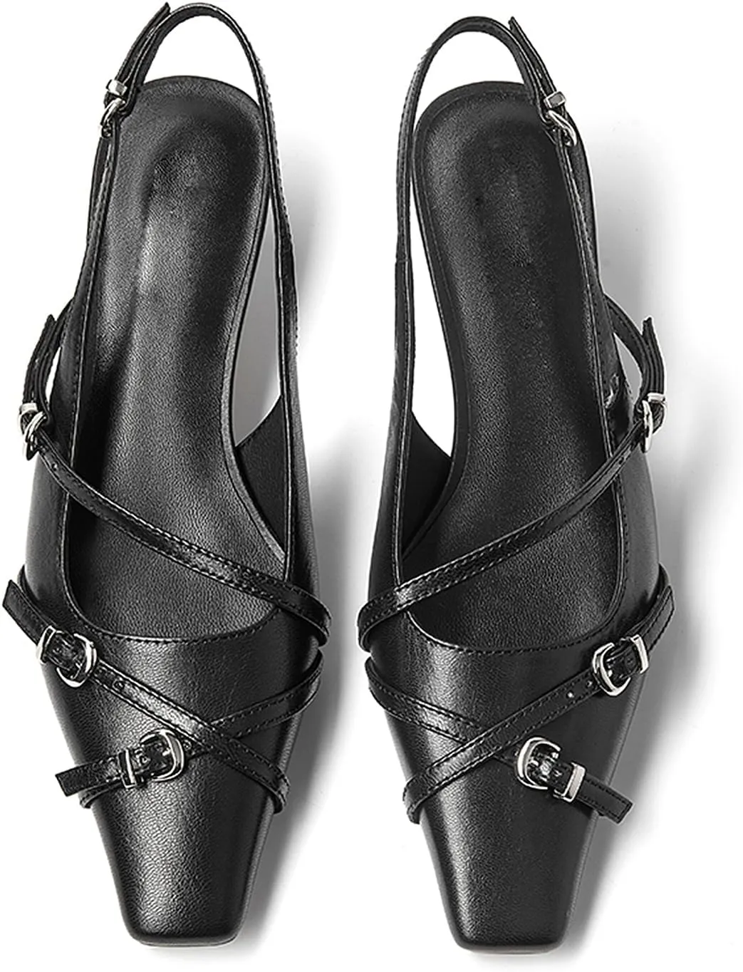 LEMUTISME Women's Stylish Matte Leather Square Toe Buckled Dressy Low Kitten Heel Chic Strappy Slingback Pumps Shoes