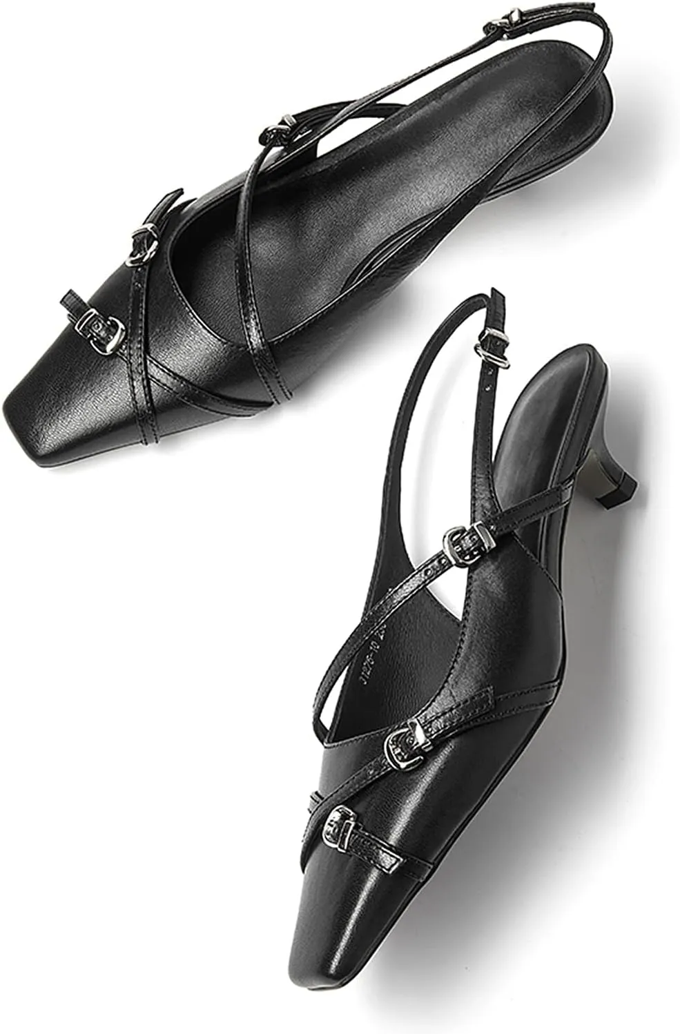 LEMUTISME Women's Stylish Matte Leather Square Toe Buckled Dressy Low Kitten Heel Chic Strappy Slingback Pumps Shoes