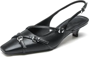 LEMUTISME Women's Stylish Matte Leather Square Toe Buckled Dressy Low Kitten Heel Chic Strappy Slingback Pumps Shoes