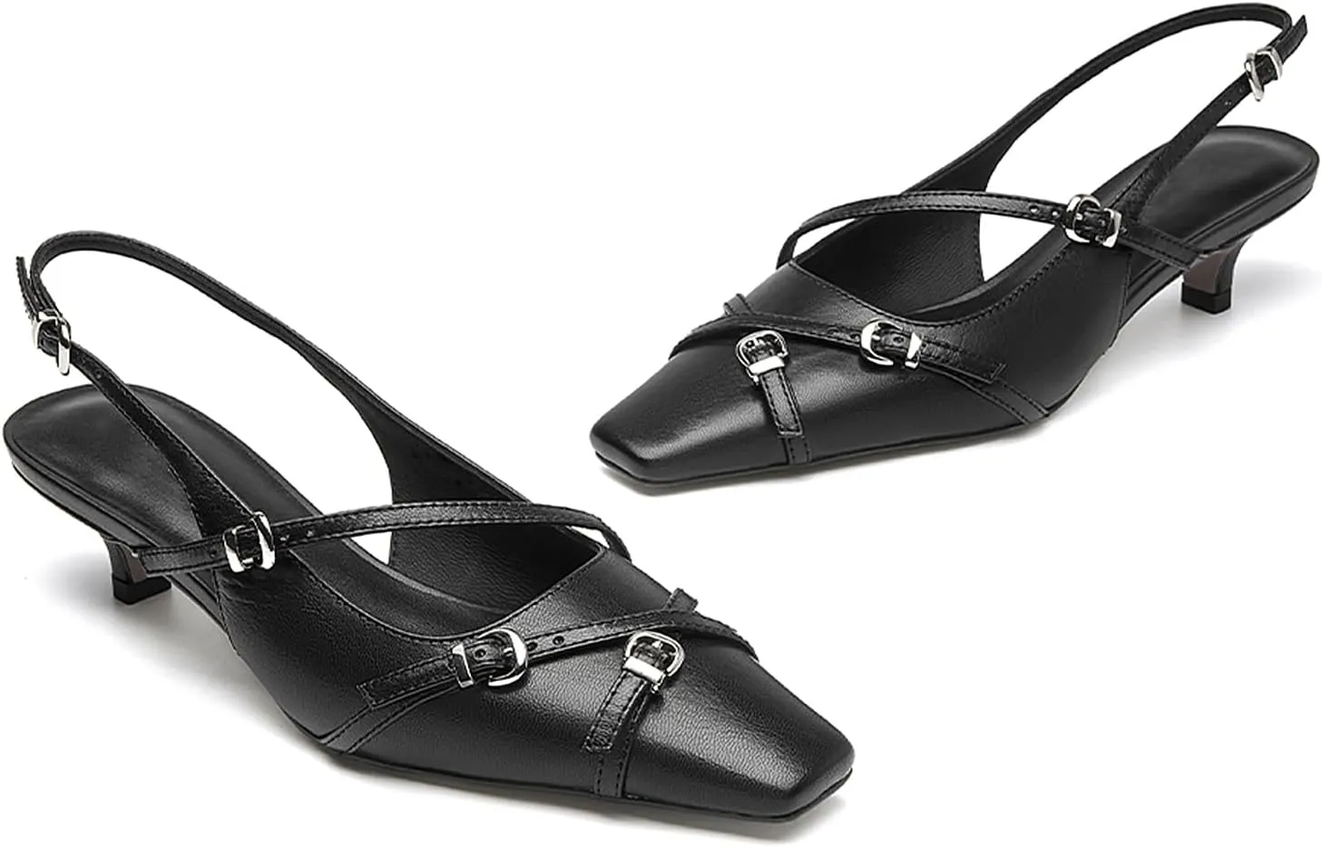 LEMUTISME Women's Stylish Matte Leather Square Toe Buckled Dressy Low Kitten Heel Chic Strappy Slingback Pumps Shoes