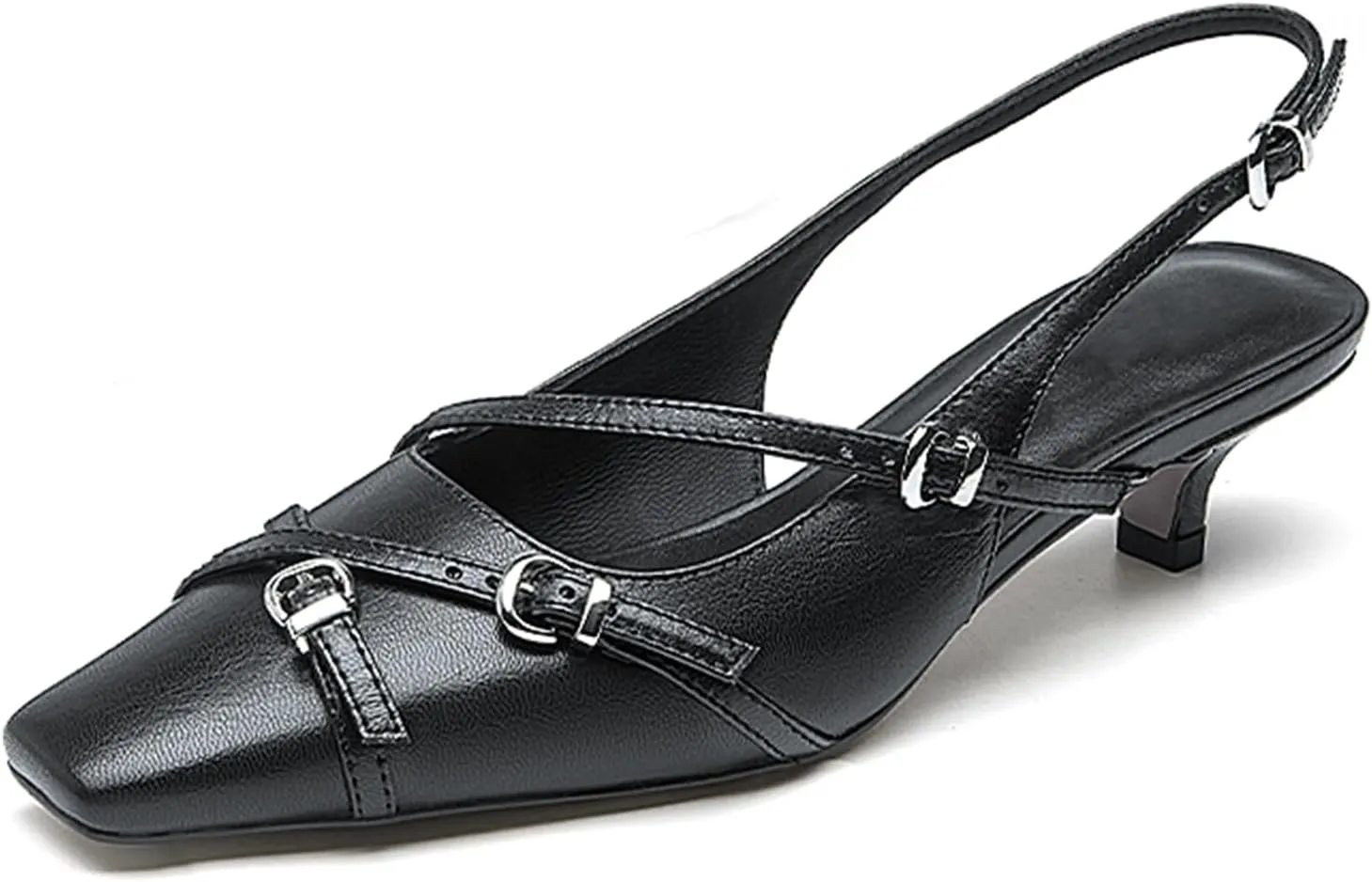 LEMUTISME Women's Stylish Matte Leather Square Toe Buckled Dressy Low Kitten Heel Chic Strappy Slingback Pumps Shoes