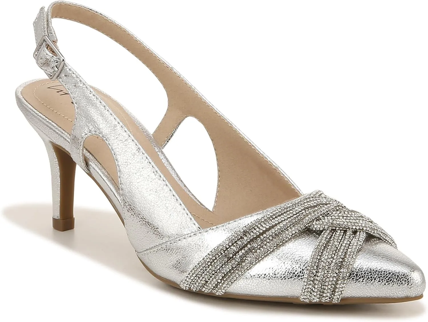 LifeStride Womens Social Event Metallic Rhinestone Pointed Toe Slingback Pumps Dress Casual Mid Heel 2-3" - Silver