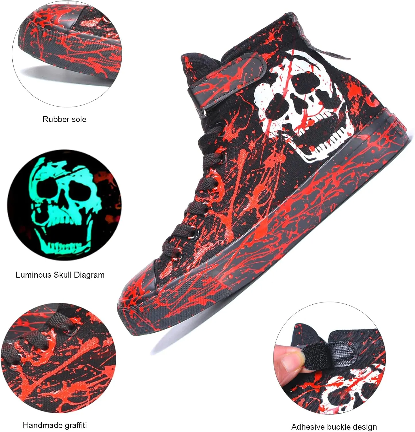 Luminous Skull Shoes for Men Gothic Cosplay Women Fashion Sneakers Hip Hop Punk Hand-Painted Graffiti Halloween Shoes High Tops Black Canvas Casual Walking Shoes