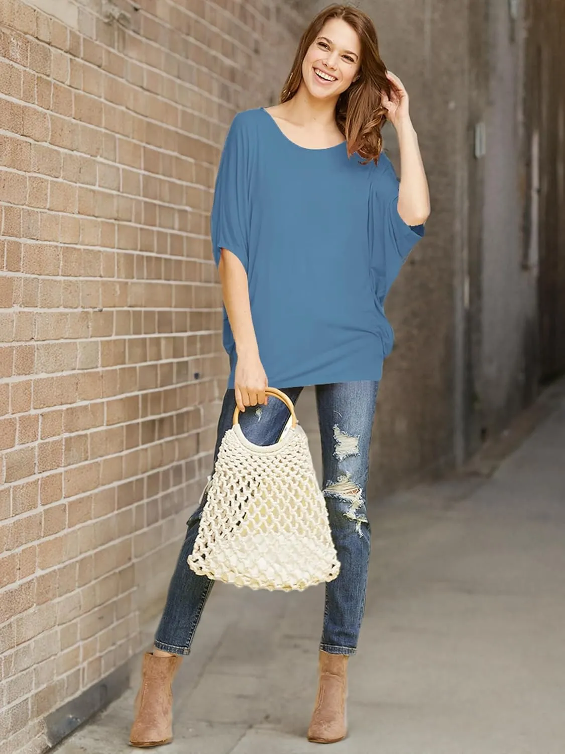 Made By Johnny Women's Scoop Neck Half Sleeve Batwing Dolman Top - Plus Size